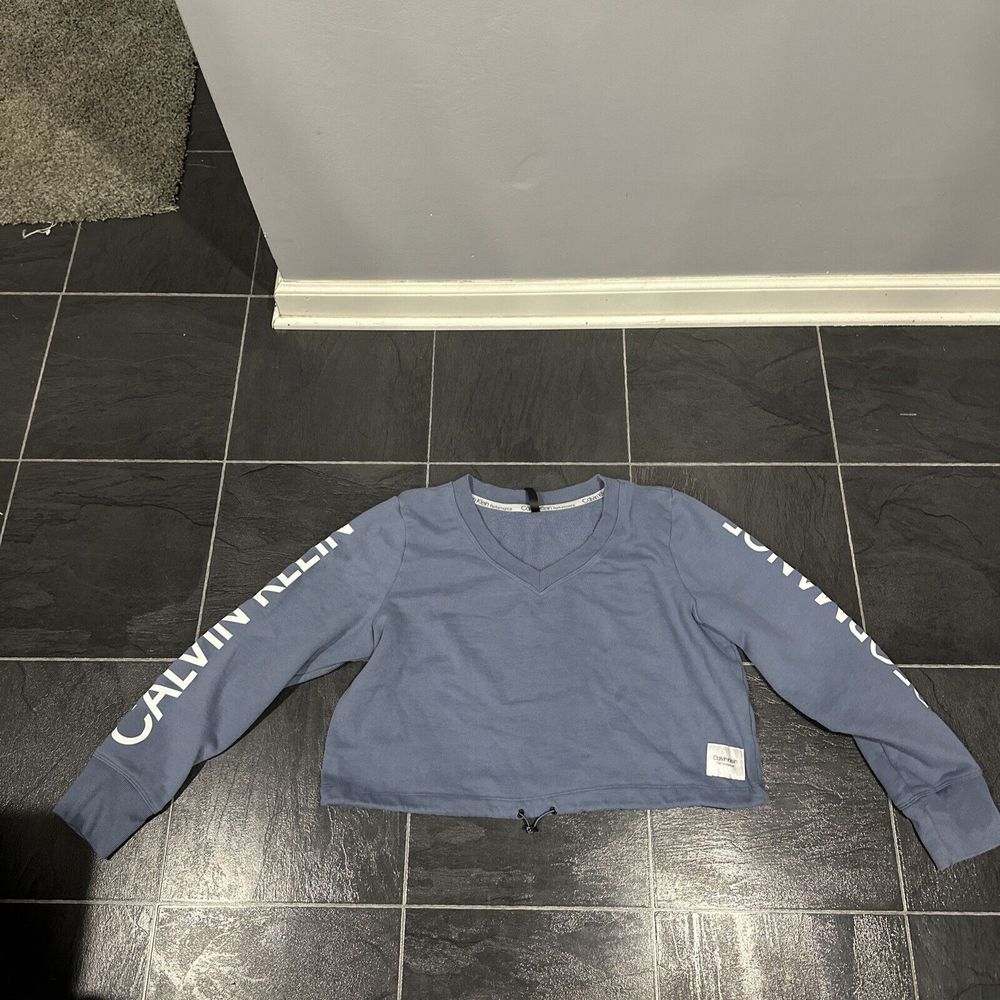 Calvin Klein Logo Performance Crop Top Sweatshirt Women's Large Blue